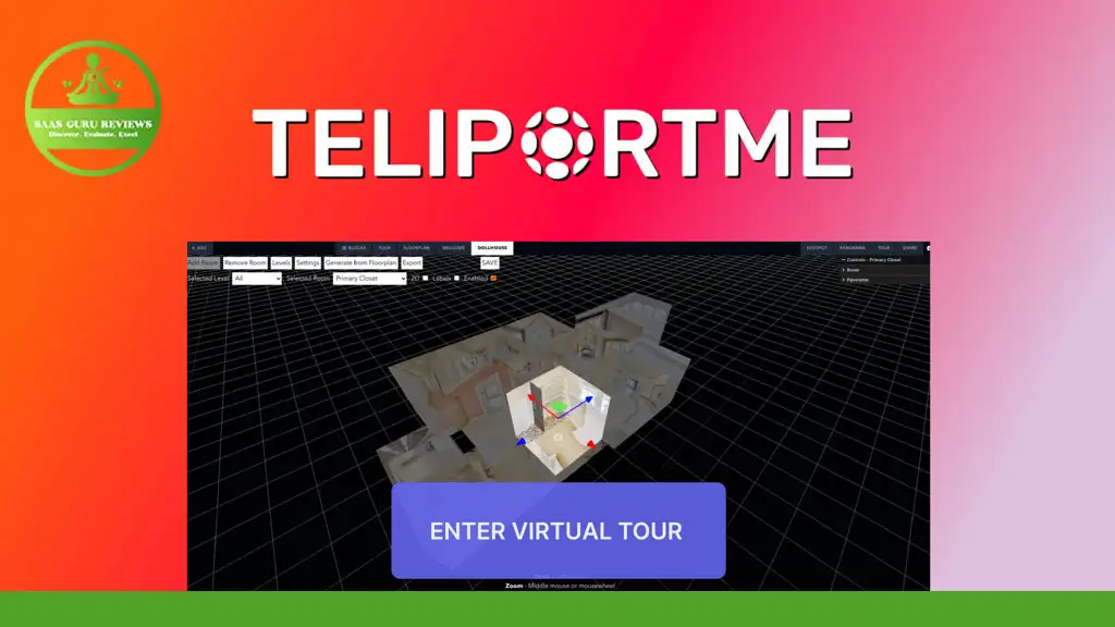 A 3D model of a building interior is displayed on a screen, with the "TeliportMe" logo above and a button labeled "ENTER VIRTUAL TOUR" below. This virtual tour software can transform your business by providing immersive experiences for clients.