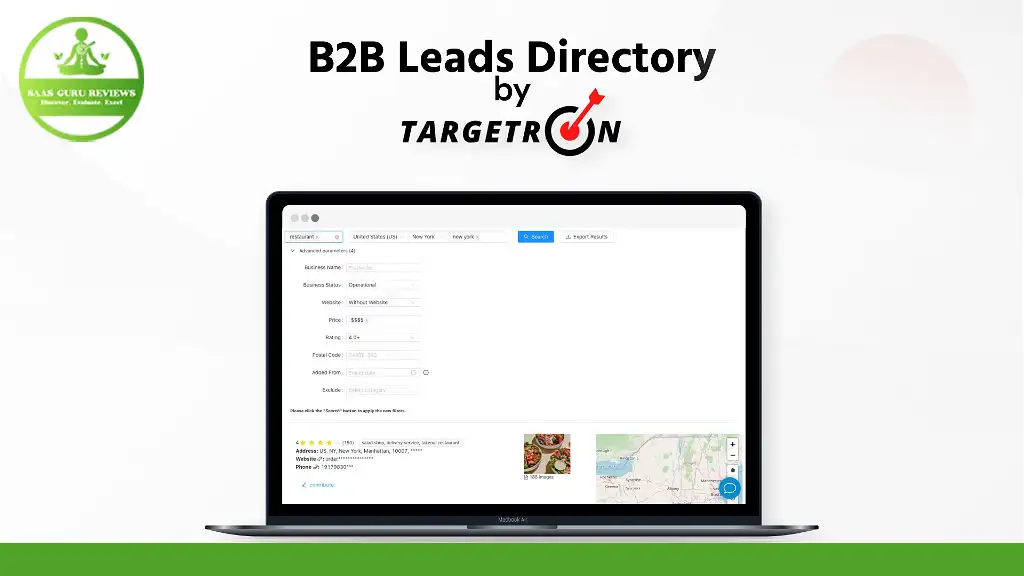 A laptop screen displaying a B2B Leads Directory by Targetron, with various search fields and a map. The "K.I.S.S. Your Reviews" logo is displayed in the top left corner, highlighting an exclusive Lifetime Deal for businesses seeking comprehensive lead solutions.