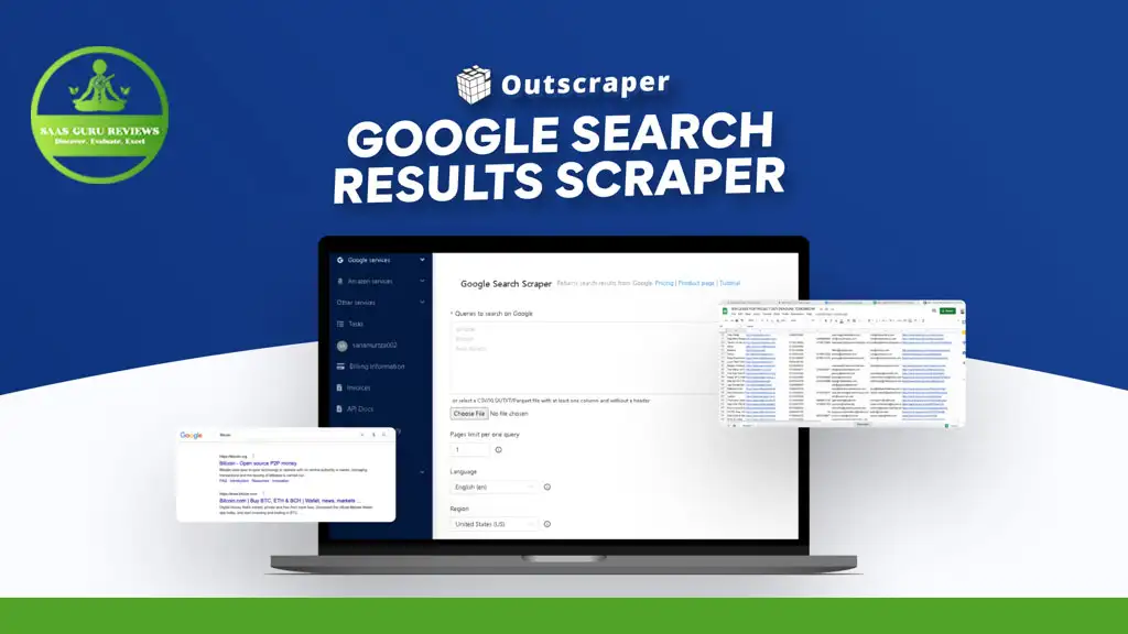 A computer screen displays an interface for Outscraper, a versatile Google Search results scraper and data extraction tool, with various data panels. The background features a logo for K.A.S GURU REVIEWS.