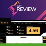 Screenshot of a review platform, JustReview, showing a website and mobile interface with ratings and reviews. Prominent average rating of 4.56 displayed. Text reads: "JUST REVIEW." Secure lifetime deal now!