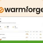 Screenshot of Warmforge email warming tool interface displaying email stats with icons for emails, warnings, and fire emojis. A badge from "AI & Guru Reviews" is in the top left corner. Boost your email deliverability with Warmforge's intuitive dashboard and take advantage of their lifetime deal!