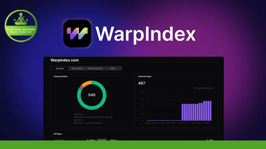 Screenshot of WarpIndex website showcasing index status, a graph of indexed pages, and a section for All Pages. The index status shows 549 pages and the indexed pages graph displays a count of 467. Perfect for SEO enthusiasts eyeing the Lifetime Deal on offer.