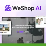 A promotional graphic for WeShop AI displays its logo, website homepage, and service features, emphasizing its AI-powered e-commerce photo editing through the AI Creative Studio. A “G2” review badge is visible in the corner.