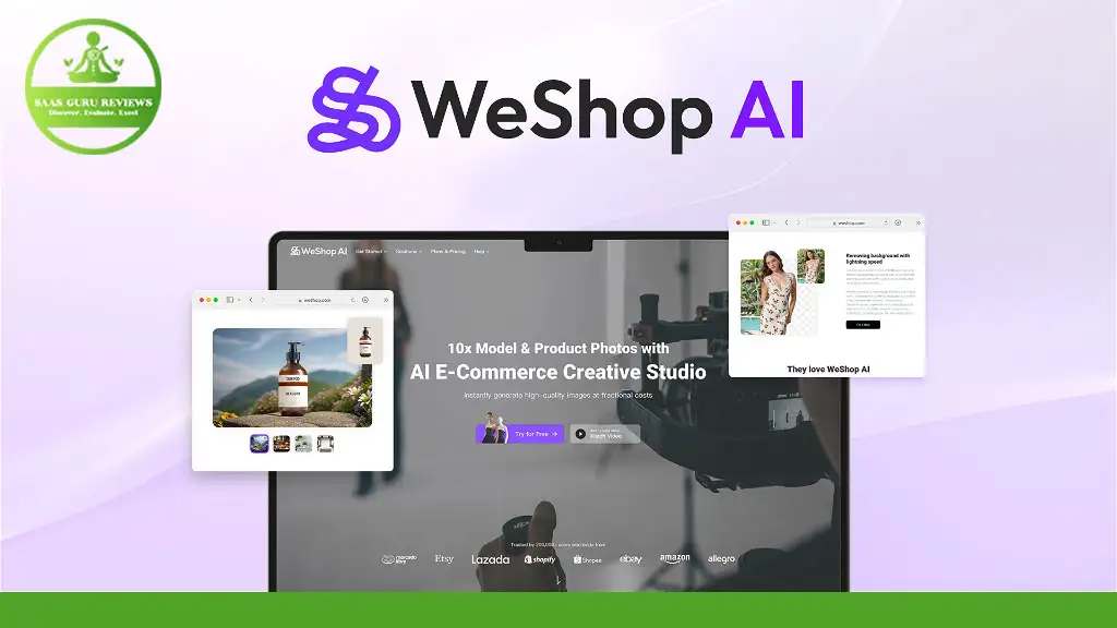 A promotional graphic for WeShop AI displays its logo, website homepage, and service features, emphasizing its AI-powered e-commerce photo editing through the AI Creative Studio. A “G2” review badge is visible in the corner.