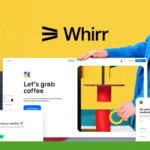 A person demonstrating the Whirr platform on a large screen. The screen displays a webpage with the text "Let's grab coffee" and includes other feature previews, such as the Whirr Form Builder. The Whirr logo is visible above the screen.