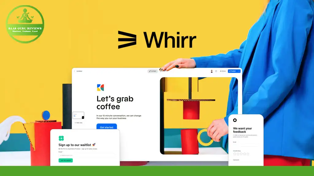 A person demonstrating the Whirr platform on a large screen. The screen displays a webpage with the text "Let's grab coffee" and includes other feature previews, such as the Whirr Form Builder. The Whirr logo is visible above the screen.