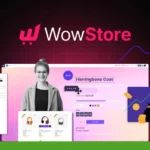 Image depicting the "WowStore 2024" online shopping platform, featuring a website interface, a woman with a laptop, and various e-commerce-related icons and graphics powered by WooCommerce.
