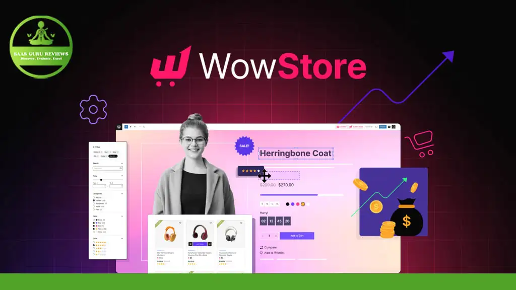 Image depicting the "WowStore 2024" online shopping platform, featuring a website interface, a woman with a laptop, and various e-commerce-related icons and graphics powered by WooCommerce.