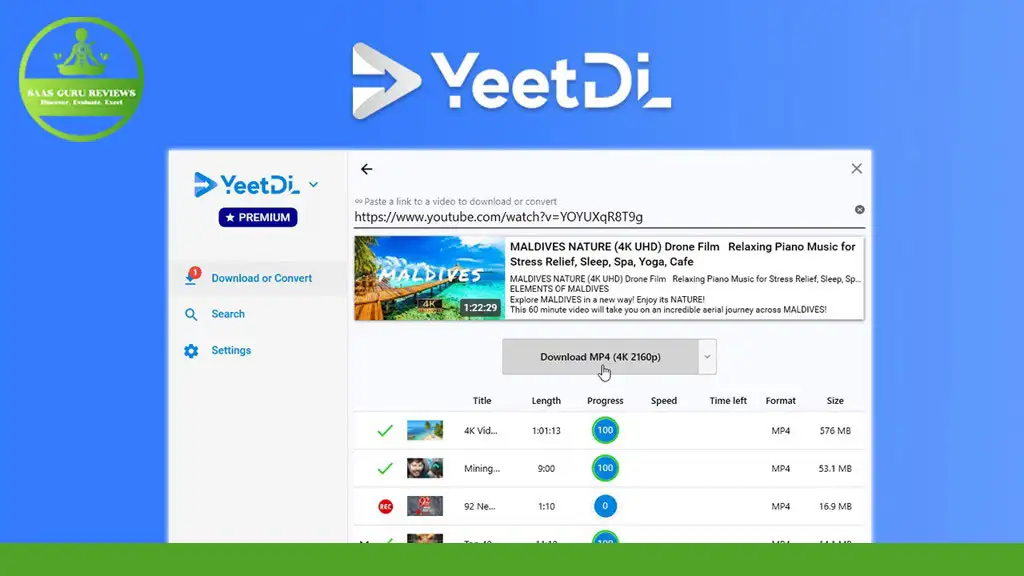 Screenshot of the YeetDL software interface, displaying an ongoing download of a YouTube video titled "MALDIVES NATURE (4K UHD) Drone Film." The progress bar indicates 56.81% completion, showcasing YeetDL's efficiency as a leading YouTube Video Downloader.