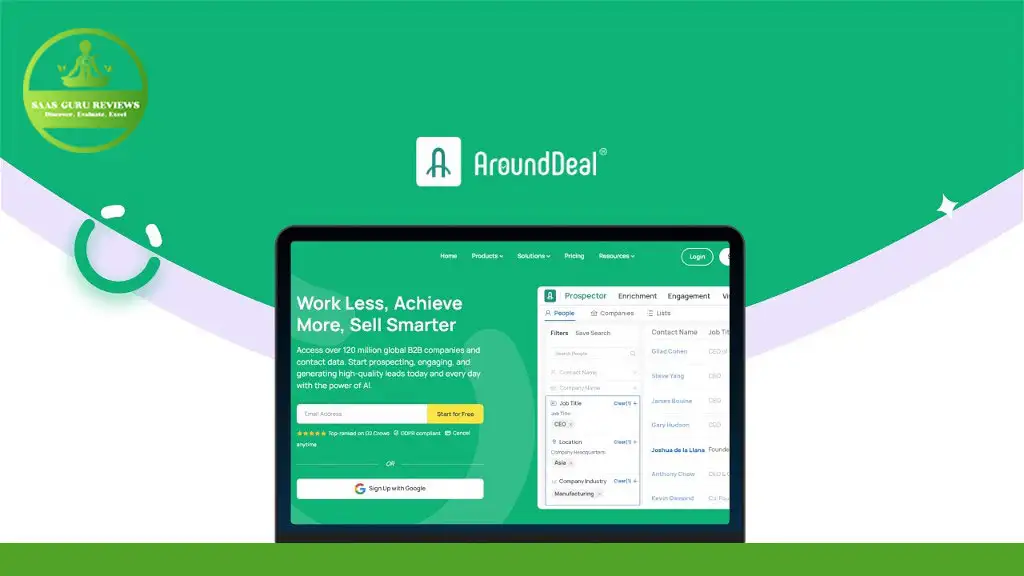 A computer screen displays the homepage of AroundDeal, showcasing features for B2B Success in business prospecting, enrichment, and engagement. The text encourages users to "Work Less, Achieve More, Sell Smarter" with access to a comprehensive B2B Database.