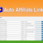 Screenshot of a webpage displaying the Auto Affiliate Links WordPress plugin, featuring a list of affiliate links alongside fields for keywords, categories, and action buttons for updating or deleting each link.