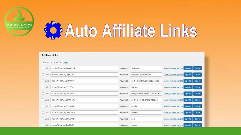Screenshot of a webpage displaying the Auto Affiliate Links WordPress plugin, featuring a list of affiliate links alongside fields for keywords, categories, and action buttons for updating or deleting each link.