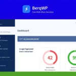 Screenshot of BerqWP dashboard showing Google PageSpeed score for mobile devices, with scores of 42 and 99. The webpage includes navigation on the left and a "Contact Support" option in the top right. Discover the efficiency of this WordPress Optimization Plugin, available in our Lifetime Deal!