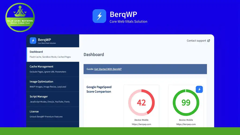 Screenshot of BerqWP dashboard showing Google PageSpeed score for mobile devices, with scores of 42 and 99. The webpage includes navigation on the left and a "Contact Support" option in the top right. Discover the efficiency of this WordPress Optimization Plugin, available in our Lifetime Deal!
