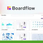 Screenshot of the Boardflow 2024 website showcasing various reference categories such as chart examples, mobile app references, and icon inspiration, with a green banner on the side and rounded shapes in the background. Perfect for those seeking visual inspiration and easy screenshots.