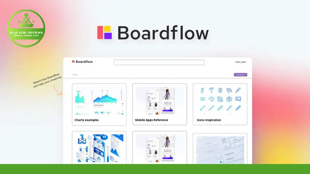 Screenshot of the Boardflow 2024 website showcasing various reference categories such as chart examples, mobile app references, and icon inspiration, with a green banner on the side and rounded shapes in the background. Perfect for those seeking visual inspiration and easy screenshots.