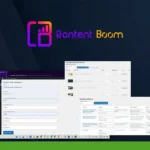 Screenshot displaying a digital content management tool with sections for generating blog outlines, keyword ideas, and website content. The interface shows multiple windows and the logo "Content Boom" at the top, making it an ideal companion for WordPress users aiming for SEO success.