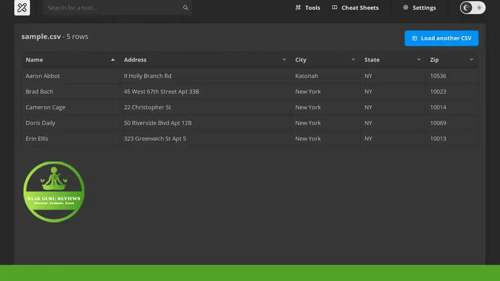 Screenshot of a CSV file opened in Developer Toolbox, displaying columns for Name, Address, City, and State. The software interface includes options for Tools, Cheat Sheets, and Settings tailored for every developer's efficiency.