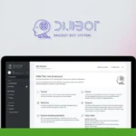 A laptop screen displays the Dijibot interface with various options such as Tracker, Websites, and Cleaner. The Dijibot logo and tagline "Easiest Bot System" are visible at the top. Embrace content automation with this lifetime deal for ultimate efficiency.
