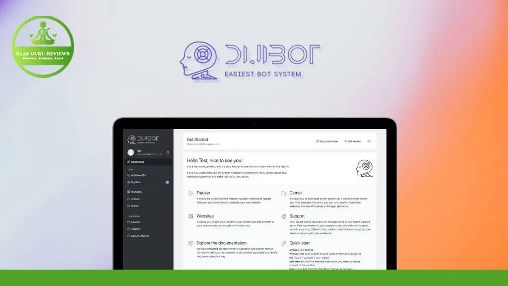 A laptop screen displays the Dijibot interface with various options such as Tracker, Websites, and Cleaner. The Dijibot logo and tagline "Easiest Bot System" are visible at the top. Embrace content automation with this lifetime deal for ultimate efficiency.