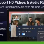 The digital screen showcases Filmage Screen Pro's video conferencing interface, detailing features like HD video, audio recording, screen capture, camera input, picture-in-picture mode, iPhone/iPad screen capture, and scheduling. Discover this powerful Mac Recorder Software on the Mac App Store.