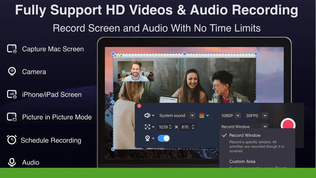 The digital screen showcases Filmage Screen Pro's video conferencing interface, detailing features like HD video, audio recording, screen capture, camera input, picture-in-picture mode, iPhone/iPad screen capture, and scheduling. Discover this powerful Mac Recorder Software on the Mac App Store.