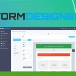 Screenshot of the FormDesigner application with menus and settings options visible. The interface includes fields for text, images, and buttons, with layout options on the left panel. Logo on top left. Discover why it's highly rated in FormDesigner Reviews and popular among Online Web Form Tools users.