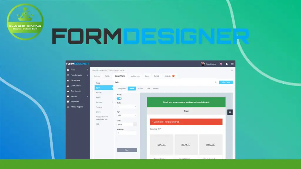 Screenshot of the FormDesigner application with menus and settings options visible. The interface includes fields for text, images, and buttons, with layout options on the left panel. Logo on top left. Discover why it's highly rated in FormDesigner Reviews and popular among Online Web Form Tools users.