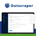 A laptop screen showcasing the Outscraper interface, with options and settings for web scraping. The Google Maps scraper tool is featured prominently. The Outscraper logo is at the top, accompanied by a business insights icon on the left.