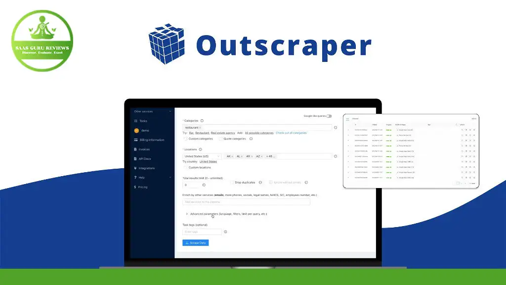 A laptop screen showcasing the Outscraper interface, with options and settings for web scraping. The Google Maps scraper tool is featured prominently. The Outscraper logo is at the top, accompanied by a business insights icon on the left.