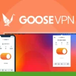 Image of Goose VPN advertising graphic showcasing the logo, a stylized goose origami, and the service's app interface on a smartphone and a desktop monitor against an orange background, emphasizing online safety through advanced data protection.