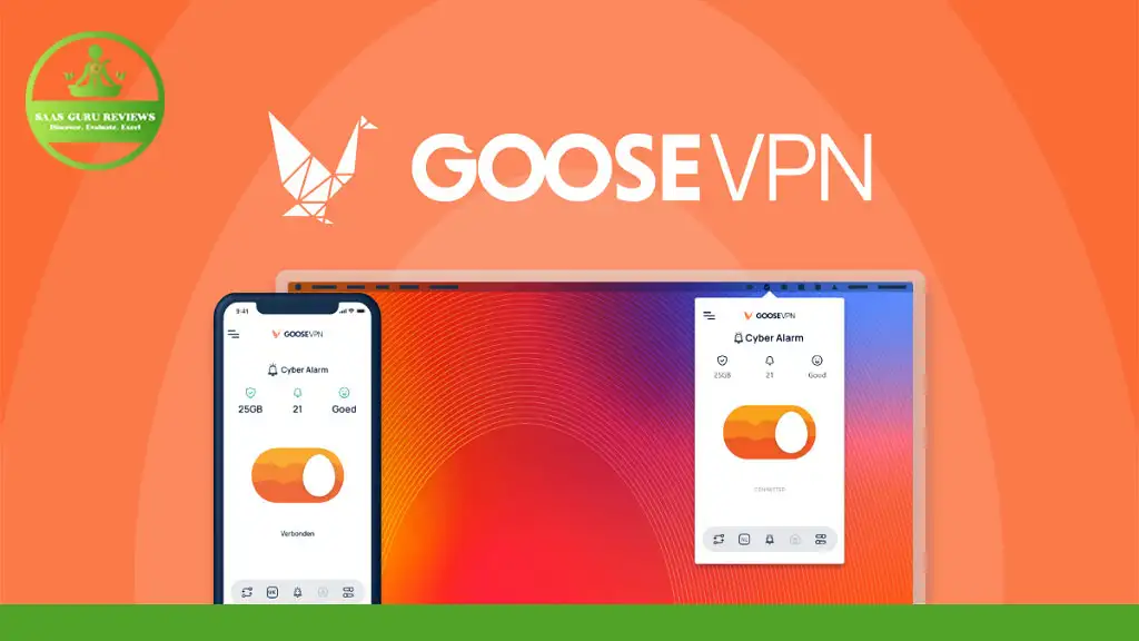 Image of Goose VPN advertising graphic showcasing the logo, a stylized goose origami, and the service's app interface on a smartphone and a desktop monitor against an orange background, emphasizing online safety through advanced data protection.