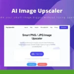 Screenshot of the AI Image Upscaler page. The site offers tools to upscale images, including PNG/JPG, up to 4K resolution. The background features a gradient of purple and blue with the website's logo visible in the top left corner.