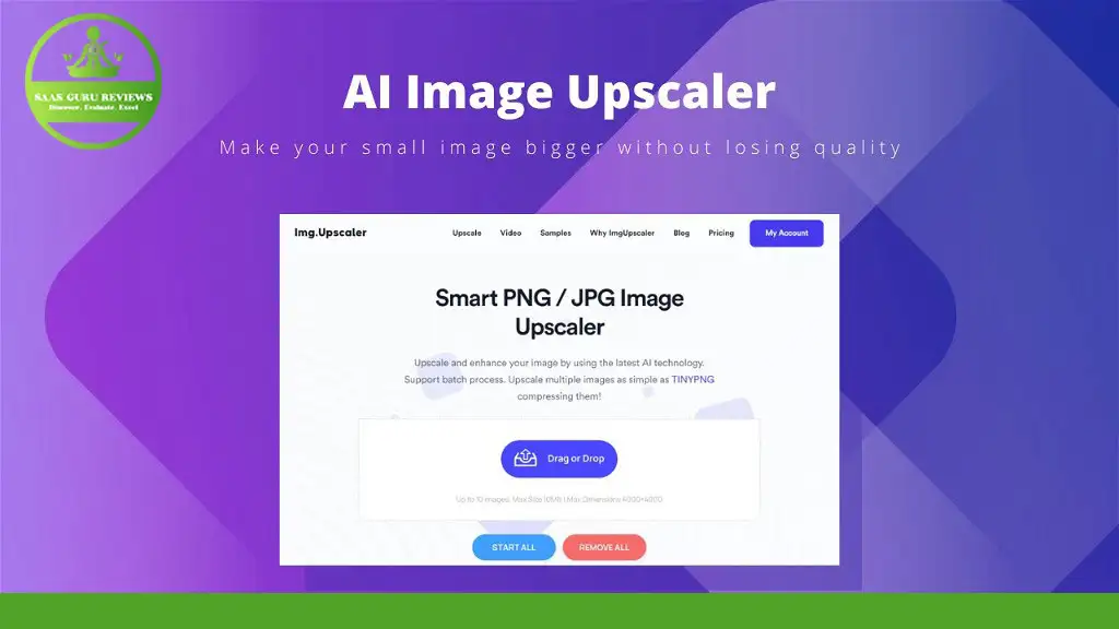 Screenshot of the AI Image Upscaler page. The site offers tools to upscale images, including PNG/JPG, up to 4K resolution. The background features a gradient of purple and blue with the website's logo visible in the top left corner.