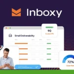 Image showing an Inboxy email deliverability dashboard with a man using a phone, a 90 current IP score, and a 72% open rate. Green Raja Guru Reviews logo is in the corner, highlighting the efficacy of Inboxy for Gmail warm-up.
