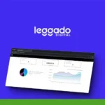A browser window displaying a dashboard with charts and analytics data, set against a blue background with the text "Leggado.Digital" and a logo in the top left corner, perfectly illustrating your digital legacy.