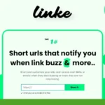 A webpage titled "linke" promoting a service for creating short, branded URLs that notify users when links receive activity. The page includes a URL input box and a "Short it" button.