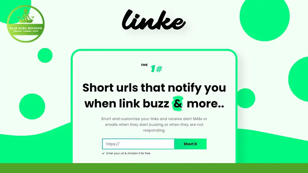 A webpage titled "linke" promoting a service for creating short, branded URLs that notify users when links receive activity. The page includes a URL input box and a "Short it" button.