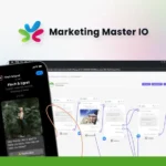 A smartphone and a desktop screen display the "Marketing Master IO" platform, illustrating its interface and sophisticated SEO strategies. The logo of "SaaS Guru Reviews" is visible in the top left corner.