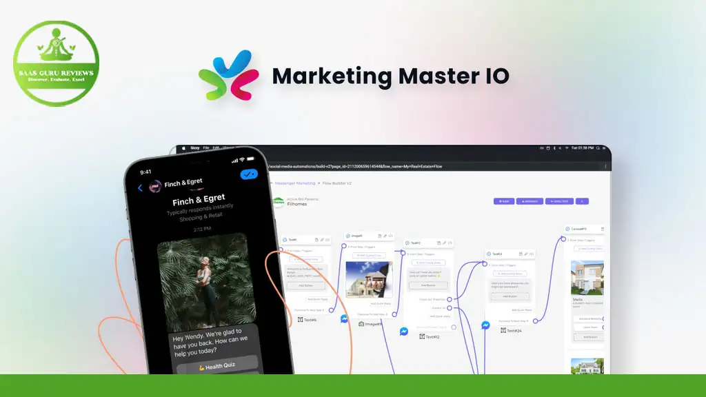 A smartphone and a desktop screen display the "Marketing Master IO" platform, illustrating its interface and sophisticated SEO strategies. The logo of "SaaS Guru Reviews" is visible in the top left corner.