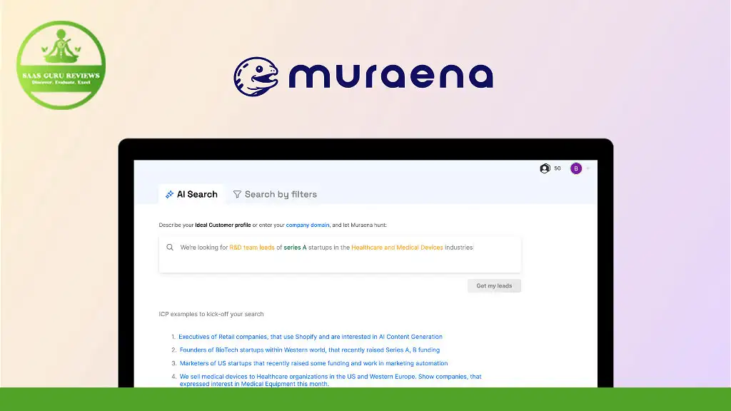A computer screen displays the Muraena website with search options for AI Search and filters, showcasing a "Muraena Review" badge in the top left corner.