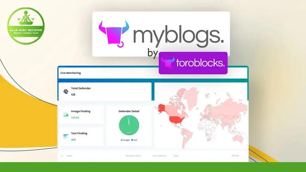A screenshot of the MyBlogs platform by Toroblocks showcasing live monitoring statistics, including total defenders, image findings, text findings, and a world map highlighting detection regions. Don't miss the Exclusive Lifetime Deal for unparalleled access to these powerful features!