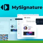 A screenshot showcases the MySignature email signature creation tool interface, featuring various customization options and templates displayed on a computer screen.