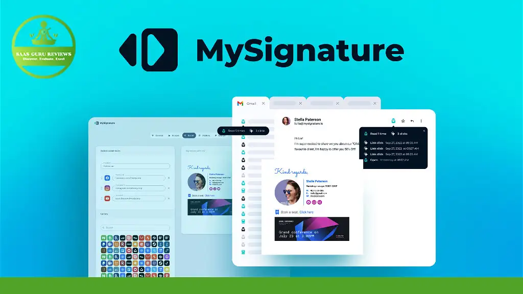 A screenshot showcases the MySignature email signature creation tool interface, featuring various customization options and templates displayed on a computer screen.