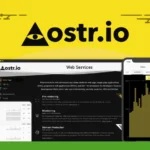 Screenshot of the ostr.io website showcasing modern web services and a mobile analytics graph on a phone, with a logo featuring an eye symbol and the text "ostr.io" against a yellow and green background, ideal for JavaScript developers.