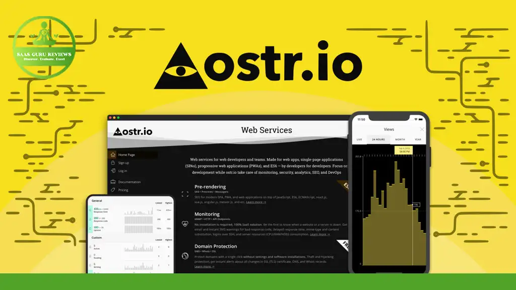 Screenshot of the ostr.io website showcasing modern web services and a mobile analytics graph on a phone, with a logo featuring an eye symbol and the text "ostr.io" against a yellow and green background, ideal for JavaScript developers.