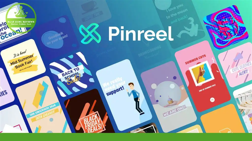 A collage of diverse graphic designs and advertisements, featuring the Pinreel logo in the center, showcases various themed templates including back to school, book fair, and Black Friday deals. Create engaging content effortlessly with Pinreel's video maker for animated videos.