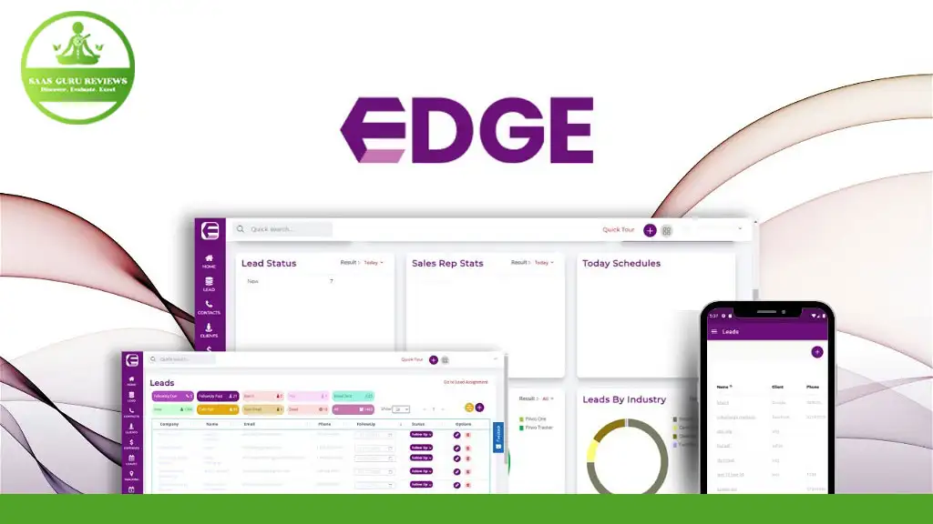 A digital dashboard titled "Privio EDGE" displays CRM data, including lead status, sales rep stats, and today's schedules on a computer screen, tablet, and smartphone. A logo in the corner reads "GA Sales Solutions.