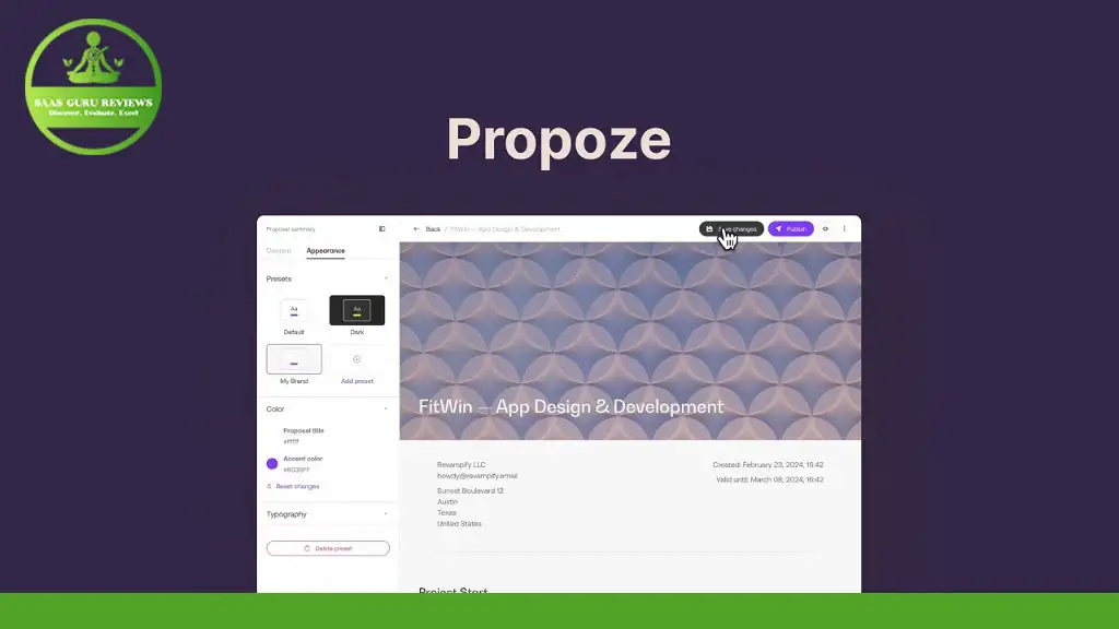 A digital interface of Propoze 2024 showcasing a design project page titled "FitWin - App Design & Development". The proposal tool includes project details, a preview area, and various smart features for editing.