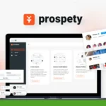 Laptop screen displaying the Prospefy platform. Various interface elements and user profiles are shown surrounding the laptop, showcasing Instagram Profile Data. The RAS Guru Reviews logo is in the top left corner, highlighting this powerful social media tool.